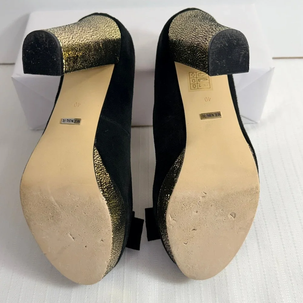 Menbur Womens‎ Heels 40 Suede Peep Toe Platform Bow Gold Block Heel Black